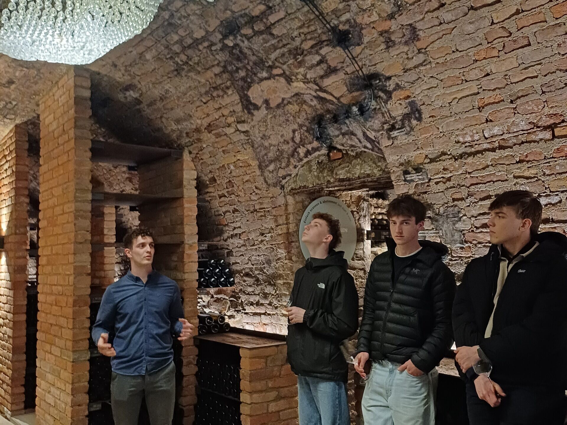 3 Schüler und ein Betreuer in einem Weinkeller.