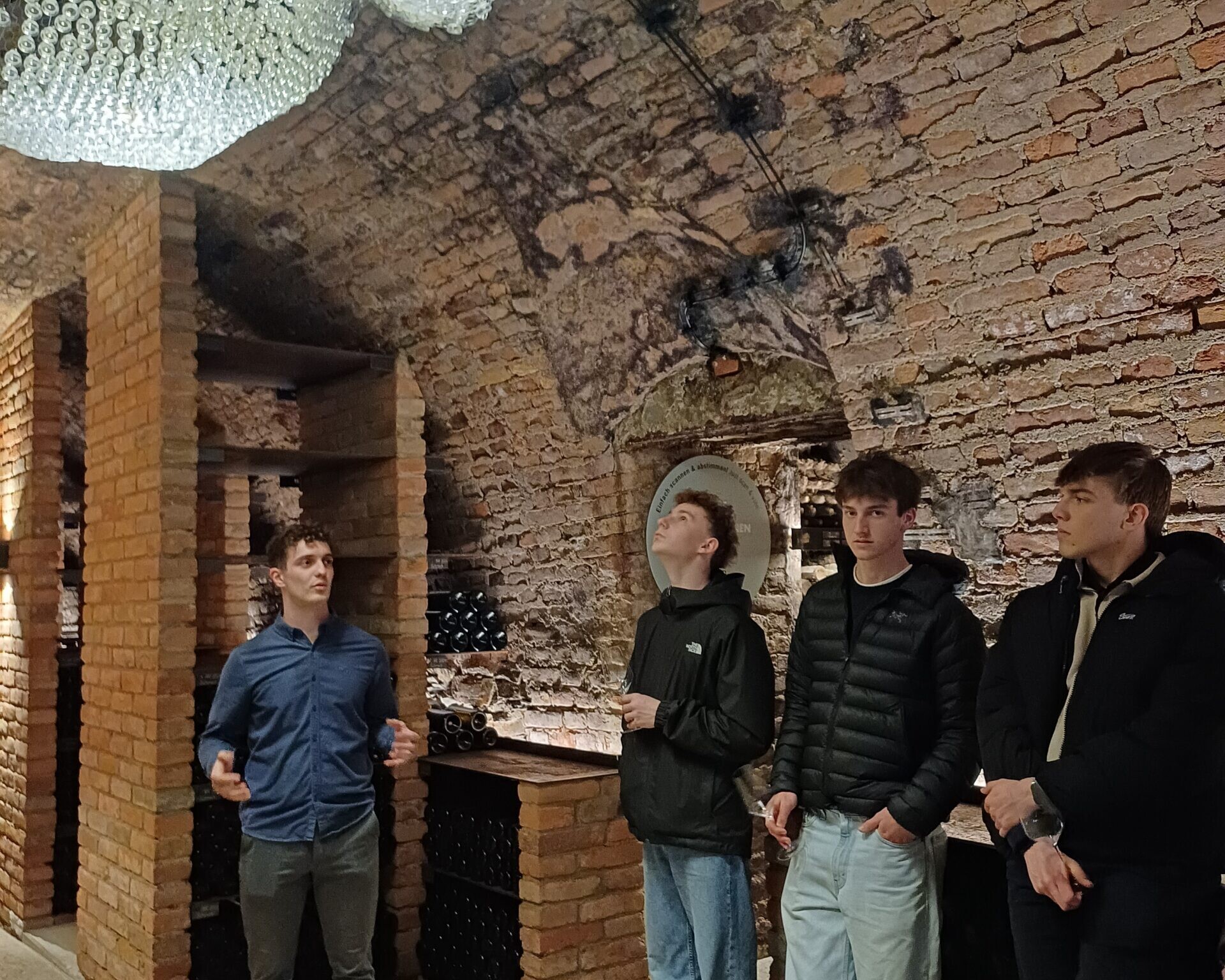 3 Schüler und ein Betreuer in einem Weinkeller.