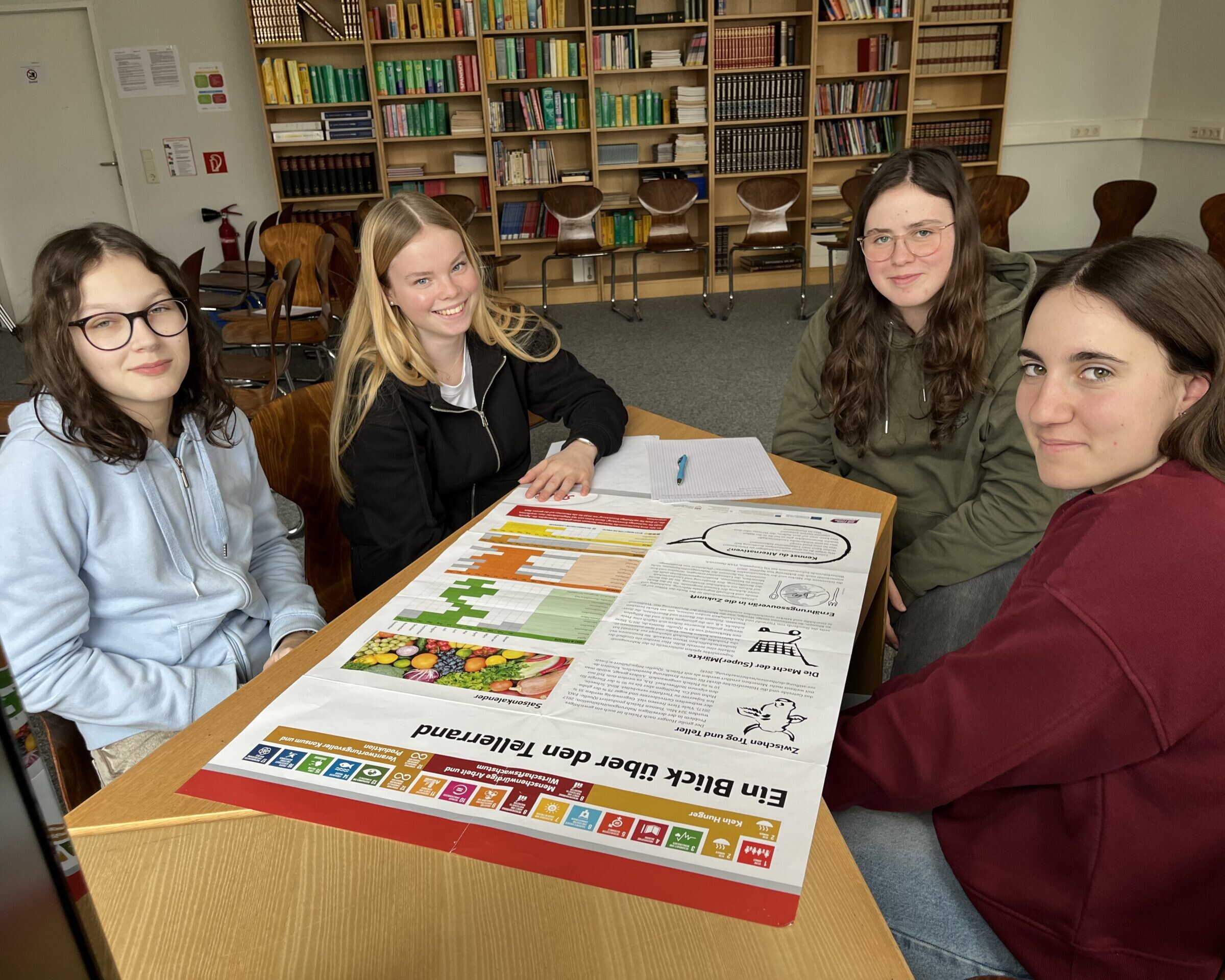 4 Schülerinnen sitzen rund um einen Tisch, darauf liegt 1 NGO Plakat.