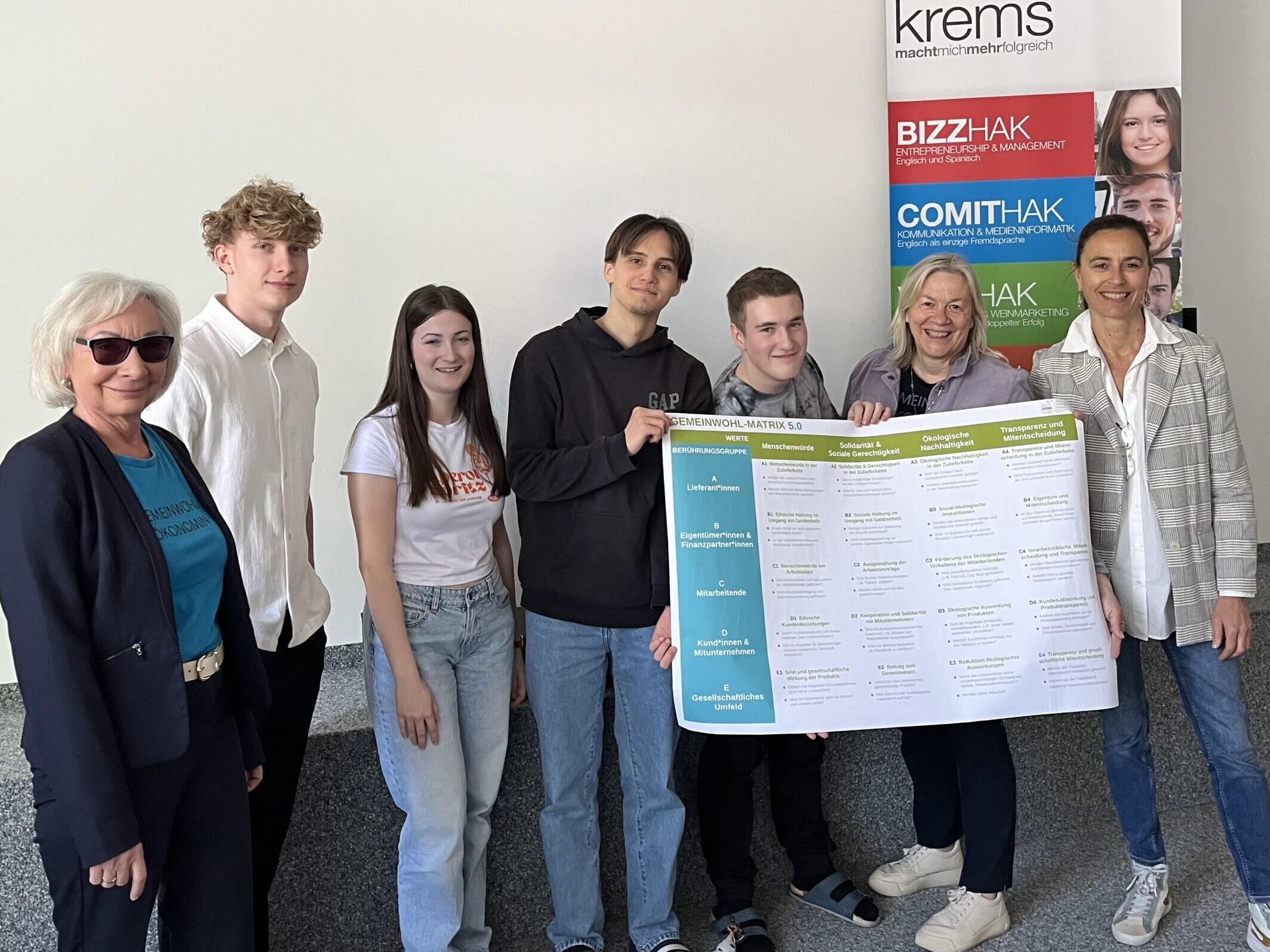 2 Betreuerinnen,1 Lehrerin und 4 Schüler:innen lächeln in die Kamera und 3 von den Personen halten ein Plakat.