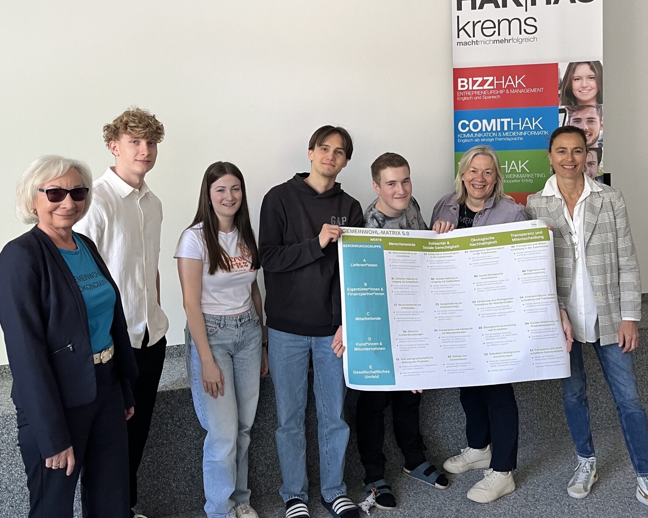 2 Betreuerinnen,1 Lehrerin und 4 Schüler:innen lächeln in die Kamera und 3 von den Personen halten ein Plakat.