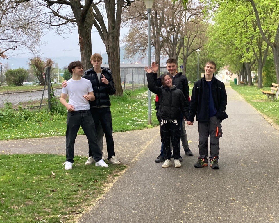 Fünf Jugendliche gehen gemeinsam auf einem Parkweg, lachen und winken, umgeben von Bäumen und Grünflächen.